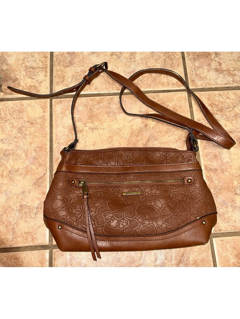 Rosetti Brown Floral Embossed Crossbody Shoulder Bag Adjustable Strap